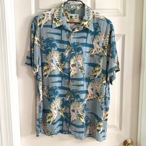 Vintage ME Sport Mens Pinup Girl Hawaiian Shirt Blue Rayon Tropical Palm Tree Lg